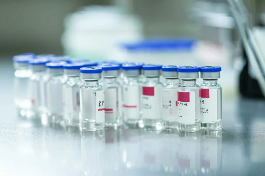 Primo piano di fiale di farmaci oncologici T-DXd su un bancone di laboratorio sterile, illuminazione controllata, alta definizione, obiettivo macro 80mm, profondità di campo ridotta per sfocare lo sfondo del laboratorio.