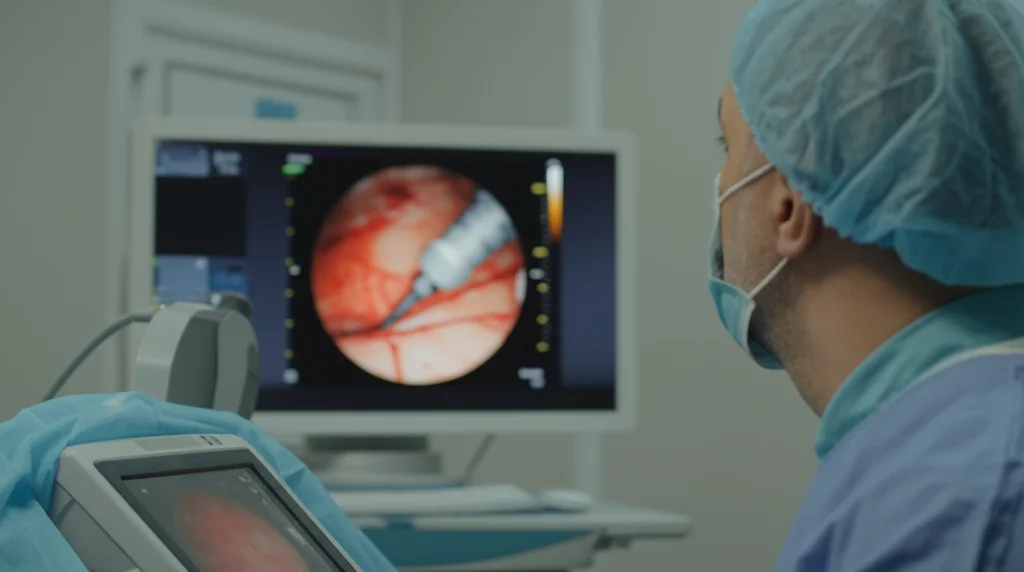 Primo piano di un medico endoscopista che esamina attentamente un monitor durante una procedura EUS-FNB, luce controllata in sala operatoria, obiettivo macro 90mm per dettaglio elevato sulla strumentazione high-tech e sullo schermo ecografico.