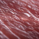 Primo piano macro di una lonza di maiale cruda e fresca, con gocce di essudato (drip) che brillano sulla superficie rosa intenso della carne. Obiettivo macro 105mm, alta definizione, messa a fuoco precisa sulla texture fibrosa della carne e sulle gocce liquide trasparenti, illuminazione laterale controllata da studio per creare ombre morbide e valorizzare la tridimensionalità.