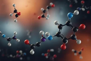 Visualizzazione artistica e fotorealistica di molecole di Acido Ascorbico (Vitamina C) che interagiscono con cellule leucemiche sotto l'effetto di radiazioni, sfondo astratto blu e arancione duotone, profondità di campo, lente 35mm, illuminazione drammatica.