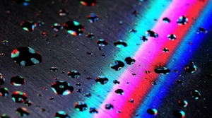 Foto macro ad alta definizione di un fascio di luce digitale multicolore (DigiBeams) che illumina una superficie metallica con micro-difetti, mostrando la riflessione colorata che ne rivela la forma. Obiettivo macro 90mm, illuminazione precisa, alta definizione, tecnologia DigiBeams.