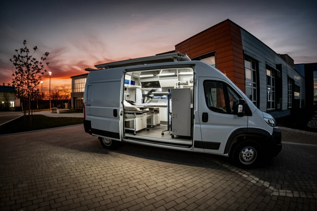 Fotografia grandangolare di un furgone-laboratorio veterinario mobile all'avanguardia parcheggiato vicino a una clinica veterinaria moderna al tramonto. Le luci interne del furgone sono accese, rivelando l'attrezzatura scientifica. Obiettivo grandangolare 20mm, lunga esposizione per catturare le luci e il cielo al tramonto, messa a fuoco nitida.