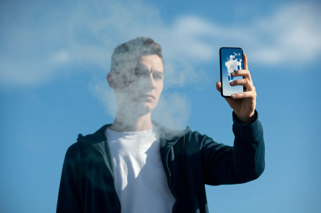 Immagine concettuale che mostra un giovane adulto che guarda con decisione il proprio smartphone dove è visibile un messaggio di incoraggiamento o un grafico di successo relativo allo smettere di svapare. Alle sue spalle, simbolicamente, una nuvola di vapore si dissolve lasciando spazio a un cielo sereno. Prime lens, 50mm, depth of field, luce ispiratrice.