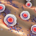 Immagine concettuale fotorealistica del midollo osseo umano sotto attacco immunitario, con cellule T evidenziate in rosso brillante che circondano cellule staminali ematopoietiche più grandi e chiare. Obiettivo macro 90mm, illuminazione soffusa ma dettagliata che crea ombre realistiche, profondità di campo che isola l'interazione cellulare centrale, colori tenui con accenti rossi e blu per distinguere le cellule immunitarie.
