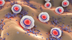 Immagine concettuale fotorealistica del midollo osseo umano sotto attacco immunitario, con cellule T evidenziate in rosso brillante che circondano cellule staminali ematopoietiche più grandi e chiare. Obiettivo macro 90mm, illuminazione soffusa ma dettagliata che crea ombre realistiche, profondità di campo che isola l'interazione cellulare centrale, colori tenui con accenti rossi e blu per distinguere le cellule immunitarie.