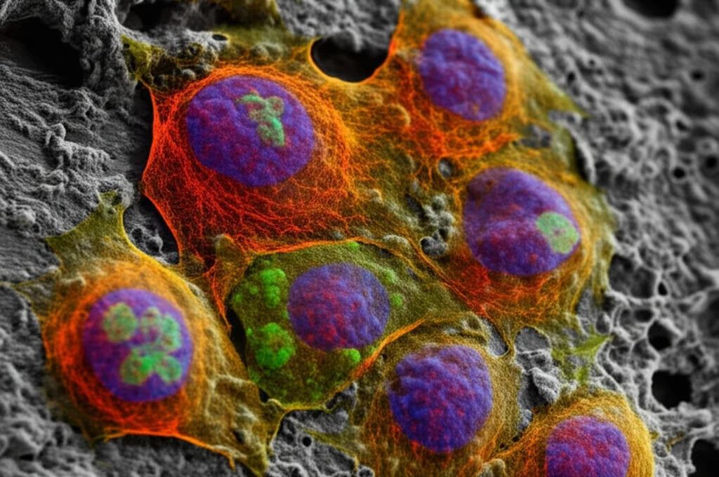 Immagine fotorealistica al microscopio di cellule di carcinoma squamoso della testa e del collo (HNSCC) che mostrano marcatori di resistenza al cisplatino (es. proteine CCNE2 o MNAT1 evidenziate con fluorescenza), obiettivo macro 105mm, alta definizione, illuminazione laterale drammatica per evidenziare la struttura cellulare tridimensionale, focus selettivo su un gruppo di cellule resistenti.