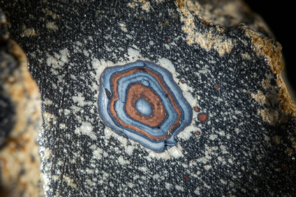 Immagine fotorealistica di un cristallo di zircone ingrandito, che mostra chiaramente un nucleo più antico (zonato oscillatoriamente) circondato da un bordo di crescita metamorfica più giovane (zonato a chiazze). Luce laterale drammatica che evidenzia la struttura interna. Obiettivo macro 100mm, alta definizione, sfondo sfocato di roccia metamorfica.