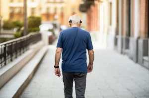 Immagine fotorealistica di un uomo con Parkinson che cammina con sicurezza in un ambiente urbano luminoso, utilizzando cuffie a conduzione ossea collegate a un dispositivo; la musica sembra guidare i suoi passi ritmici. Obiettivo 50mm, profondità di campo, luce naturale.