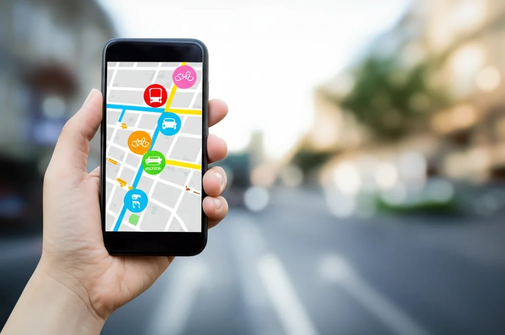 Immagine fotorealistica di un'interfaccia utente di un'app MaaS (Mobility-as-a-Service) visualizzata su uno smartphone tenuto in mano. L'app mostra una mappa cittadina stilizzata con icone che rappresentano diverse opzioni di trasporto disponibili: un autobus, un tram, una bicicletta (bike sharing) e un'auto (car sharing). Catturata con un obiettivo standard da 50mm che crea una piacevole profondità di campo sfocando leggermente lo sfondo urbano. I colori dell'interfaccia sono vivaci e moderni.