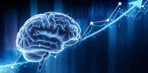 Primo piano di un cervello stilizzato con connessioni neurali luminose sovrapposto a un grafico astratto che mostra una tendenza in crescita esponenziale, illuminazione controllata e drammatica, messa a fuoco precisa sui dettagli neurali, obiettivo macro 90mm, alta definizione.