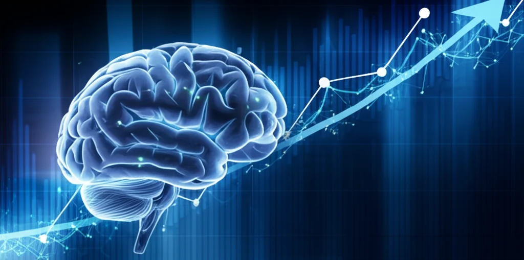 Primo piano di un cervello stilizzato con connessioni neurali luminose sovrapposto a un grafico astratto che mostra una tendenza in crescita esponenziale, illuminazione controllata e drammatica, messa a fuoco precisa sui dettagli neurali, obiettivo macro 90mm, alta definizione.