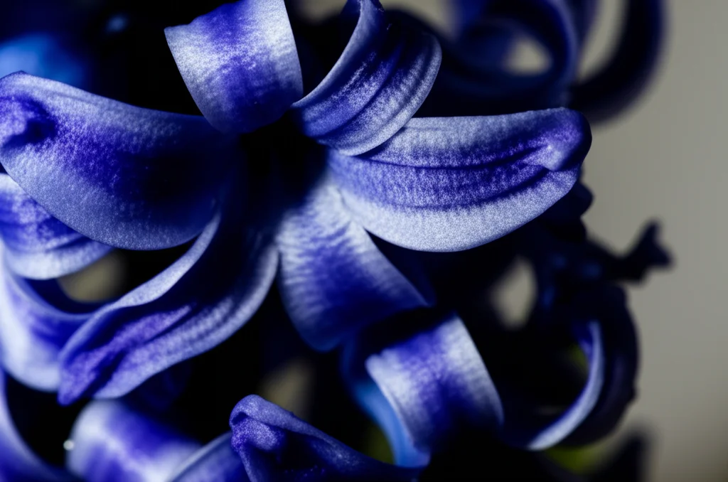 Primo piano estremo di un fiore di giacinto (Hyacinthus orientalis) 'Delft Blue' in piena fioritura. Obiettivo macro 105mm, alta definizione, illuminazione laterale controllata per enfatizzare la texture vellutata dei petali blu intenso e le gocce di rugiada. Sfondo leggermente sfocato, preciso focusing sul fiore.