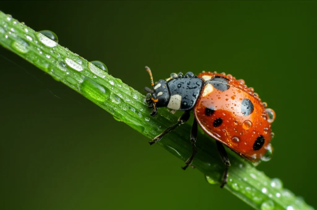 Primo piano macro di una coccinella Coccinella septempunctata su un filo d'erba verde brillante, con gocce di rugiada scintillanti sul suo guscio rosso a puntini neri. Obiettivo macro 105mm, alta definizione, illuminazione naturale morbida del mattino, messa a fuoco precisa sull'insetto e sui suoi dettagli, sfondo sfocato (bokeh).