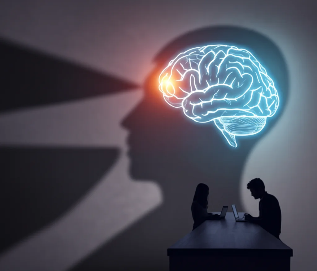 Un'immagine concettuale che mostra un cervello digitale luminoso parzialmente oscurato da un'ombra scura proiettata da figure stilizzate di dipendenti che usano laptop, simboleggiando la Shadow AI generata dagli utenti. Stile fotografico realistico, obiettivo 50mm, profondità di campo media, contrasto netto tra luce (AI ufficiale) e ombra (Shadow AI) per rappresentare rischi e opportunità.