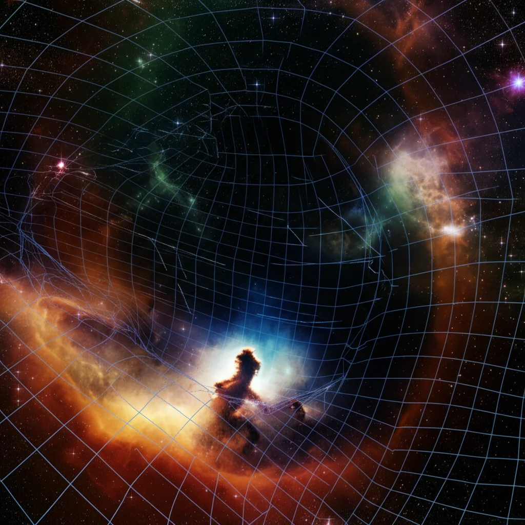 Visualizzazione concettuale fotorealistica della gravità di Holst: una griglia distorta dello spaziotempo che presenta sia curvatura che torsione (vortici sottili), con particelle eteree rappresentanti fotoni oscuri e assioni che interagiscono all'interno di questa geometria complessa. Stile grandangolare 24mm per dare un senso di vastità cosmica, illuminazione suggestiva con nebulose colorate sullo sfondo, alta definizione per dettagli nitidi.