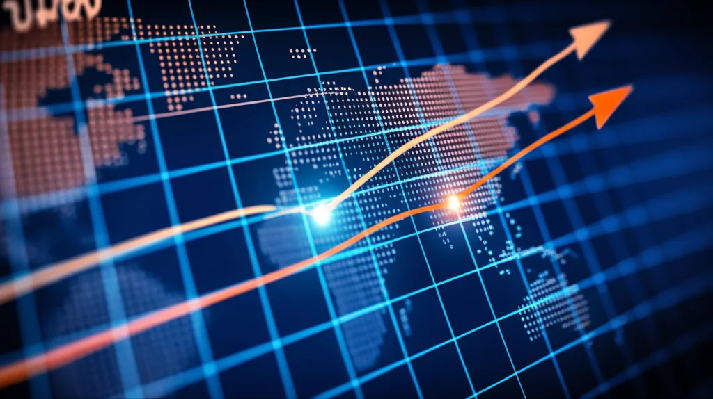 Visualizzazione grafica stilizzata che mostra l'aumento globale dei casi di mieloma multiplo su una mappa del mondo, con linee di tendenza ascendenti e punti dati luminosi, wide-angle lens 24mm, colori duotone blu scuro e arancione acceso, focus nitido sui dati, simboleggiando la diffusione della malattia e l'analisi dei trend globali.
