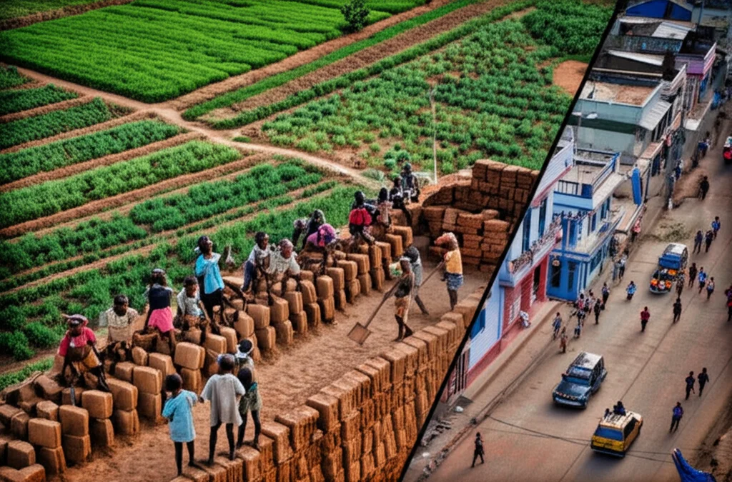 Fotografia aerea, obiettivo grandangolare 15mm, che mostra dall'alto bambini che lavorano in diversi contesti giustapposti: un campo agricolo africano (Malawi), una fornace di mattoni asiatica (Nepal), una strada urbana sudamericana (Ecuador). Luce drammatica del tardo pomeriggio, messa a fuoco nitida su tutti gli elementi, colori leggermente contrastati per evidenziare la diversità e la serietà del tema.