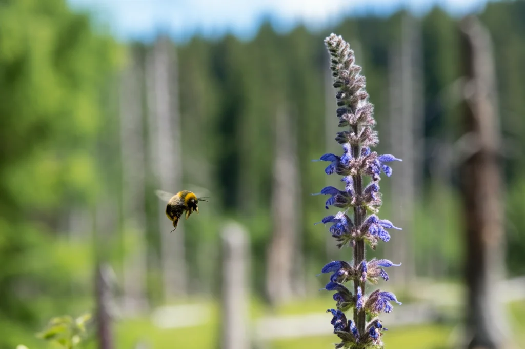 Fotografia macro di un'ape selvatica (Bombus) in volo mentre si avvicina a un fiore viola in una radura soleggiata all'interno di una foresta in rigenerazione dopo un disturbo (incendio o taglio). Sullo sfondo, vegetazione giovane e alcuni alberi morti (snag) sfocati. Obiettivo macro 105mm, alta definizione, luce naturale morbida, effetto bokeh sullo sfondo.