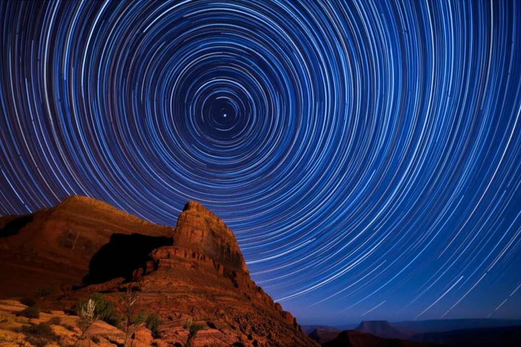 Fotografia paesaggistica grandangolare di una complessa rete di canyon illuminati dalla luce stellare, lunga esposizione per catturare il movimento delle stelle come archi luminosi che collegano diverse parti del paesaggio, obiettivo grandangolare 15mm, messa a fuoco nitida.