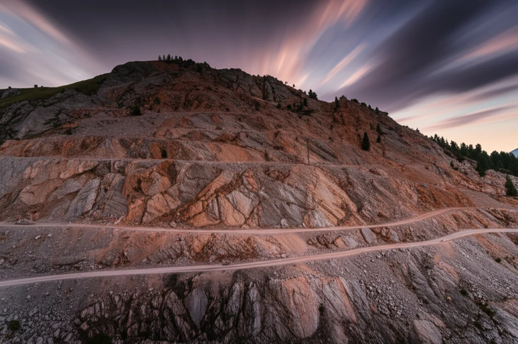 Fotografia paesaggistica, grandangolo 15mm, delle cave di porfido nel Quadrilatero in Trentino, Italia. Luce del tardo pomeriggio che accentua le texture rossastre della roccia e le cicatrici dell'estrazione sul fianco della montagna. Messa a fuoco nitida, lunga esposizione per suggerire il passare del tempo.