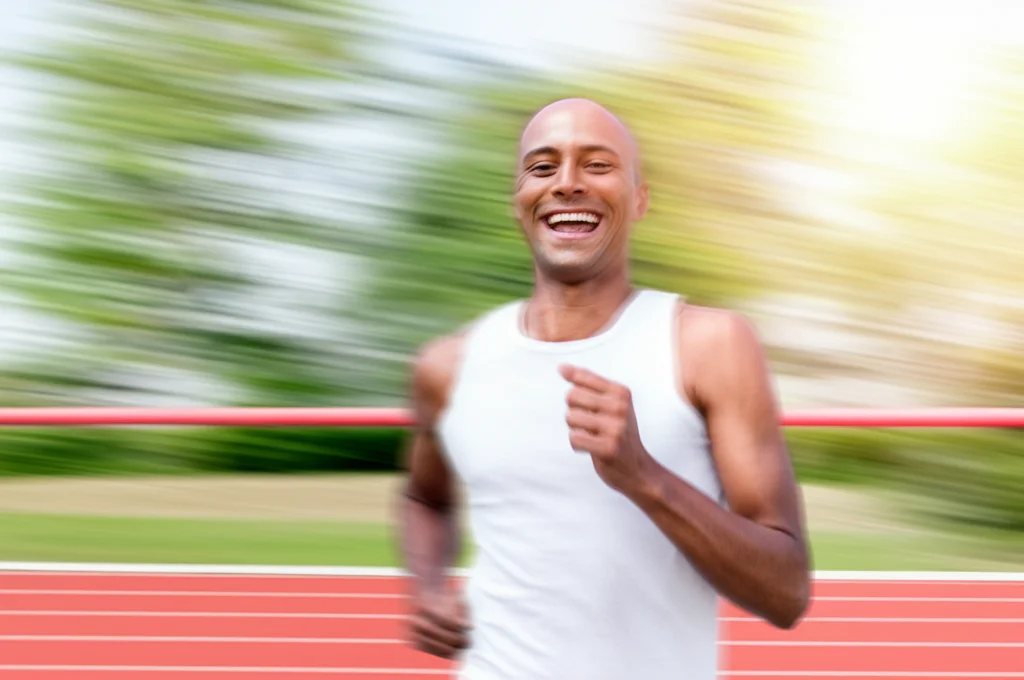 Fotografia sportiva dinamica di un atleta sorridente che taglia il traguardo, teleobiettivo 150mm, fast shutter speed, action tracking, luce solare brillante, simbolo di energia e divertimento nell'attività fisica grazie alla giusta nutrizione basata su carboidrati di qualità.
