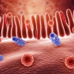 Illustrazione scientifica stilizzata che mostra l'interazione tra cellule immunitarie (linfociti), molecole di IL-15 (rappresentate come piccole sfere rosse) e villi intestinali danneggiati dalla celiachia, con colori caldi infiammatori (rosso, arancione) contrastati da blu freddi per le cellule sane, alta definizione, sfondo astratto che richiama l'ambiente intestinale.