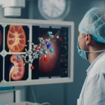 Immagine fotorealistica di un medico che osserva attentamente un monitor angiografico durante un intervento coronarico percutaneo (PCI) in una sala operatoria moderna. Accanto al monitor, una rappresentazione grafica 3D stilizzata ma dettagliata di una molecola di dapagliflozin che interagisce con cellule cardiache e renali, simboleggiando protezione. Luce focalizzata sul monitor e sulla molecola, profondità di campo che sfoca leggermente lo sfondo della sala, prime lens 50mm, dettagli nitidi sul monitor e sulla struttura molecolare.