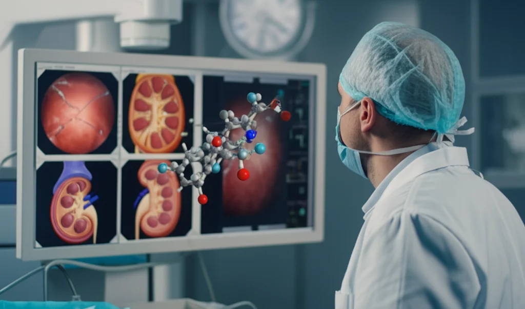 Immagine fotorealistica di un medico che osserva attentamente un monitor angiografico durante un intervento coronarico percutaneo (PCI) in una sala operatoria moderna. Accanto al monitor, una rappresentazione grafica 3D stilizzata ma dettagliata di una molecola di dapagliflozin che interagisce con cellule cardiache e renali, simboleggiando protezione. Luce focalizzata sul monitor e sulla molecola, profondità di campo che sfoca leggermente lo sfondo della sala, prime lens 50mm, dettagli nitidi sul monitor e sulla struttura molecolare.