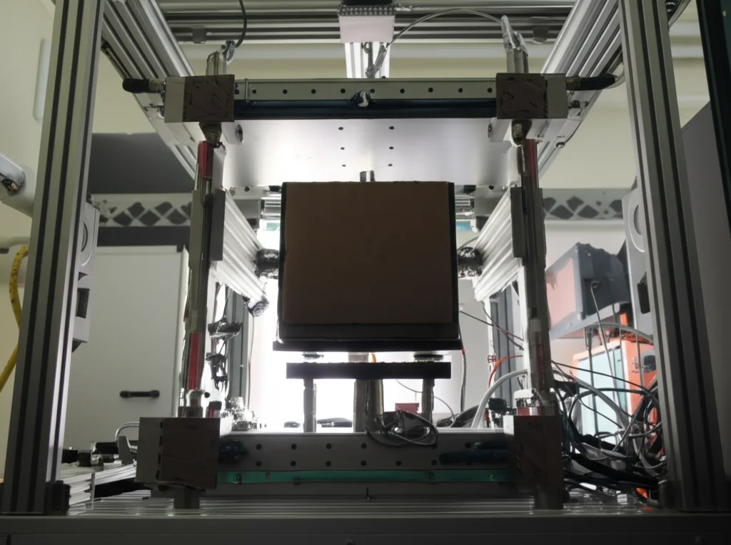 Laboratorio geotecnico, primo piano di un campione di argilla di forma prismatica montato all'interno di una cella triassiale vera trasparente. Si vedono i sistemi di applicazione della pressione sulle sei facce. Illuminazione controllata e focalizzata sul campione, alta definizione, obiettivo macro 100mm, profondità di campo ridotta per isolare il campione.