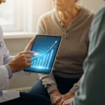 Primo piano di un medico sorridente che mostra un grafico digitale su un tablet con una linea ascendente (simbolo di miglioramento della qualità della vita) a un paziente oncologico attento, seduto di fronte in uno studio medico moderno. Luce calda e rassicurante, obiettivo 50mm, profondità di campo media per mantenere entrambi i soggetti a fuoco ma sfocare leggermente lo sfondo.