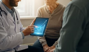 Primo piano di un medico sorridente che mostra un grafico digitale su un tablet con una linea ascendente (simbolo di miglioramento della qualità della vita) a un paziente oncologico attento, seduto di fronte in uno studio medico moderno. Luce calda e rassicurante, obiettivo 50mm, profondità di campo media per mantenere entrambi i soggetti a fuoco ma sfocare leggermente lo sfondo.