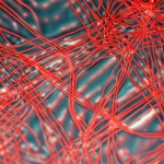 Primo piano fotorealistico di nanoparticelle di ferrite Co-Mn-Cr sospese in un fluido trasparente, che mostrano deboli emissioni rosse e interazioni con un campo magnetico esterno visibile come linee di forza sfocate, obiettivo macro 90mm, illuminazione laterale controllata, alta definizione, messa a fuoco precisa.
