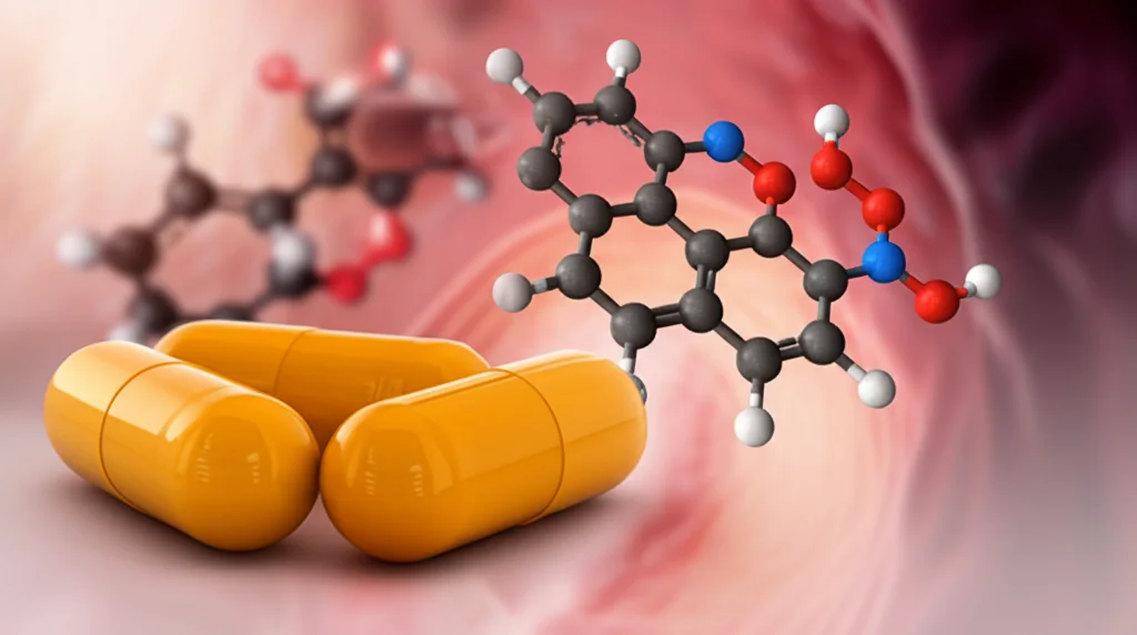 Primo piano macro di capsule di Vitamina D e una rappresentazione stilizzata della molecola di TNF-α su uno sfondo sfocato che richiama l'interno dell'intestino infiammato. Luce controllata, messa a fuoco precisa sui dettagli delle capsule, obiettivo macro 100mm, alta definizione.