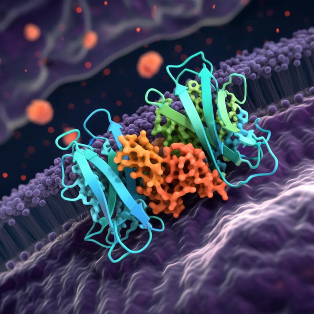 Stile fotografia paesaggistica grandangolare, obiettivo 15mm, che raffigura due intricate strutture proteiche luminose (rappresentanti dimeri mGluR) incorporate in una membrana cellulare stilizzata e semitrasparente su uno sfondo scuro e astratto che suggerisce la segnalazione neurale. Messa a fuoco nitida sulle proteine, illuminazione eterea.