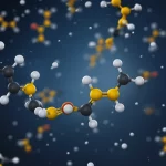 Visualizzazione artistica fotorealistica di molecole di quercetina (gialla) e nicotinamide (bianca) che danzano e interagiscono all'interno di una soluzione mista acqua-etanolo (sfumature blu/trasparenti), con legami idrogeno stilizzati (scintille luminose) visibili tra loro, illuminazione drammatica laterale, profondità di campo ridotta, lente 50mm prime.