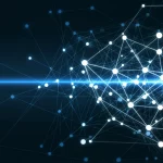 Visualizzazione astratta di una rete complessa con nodi luminosi blu e bianchi interconnessi da linee sottili su uno sfondo digitale scuro, simboleggiante la network analysis applicata alle competenze mediche OSCE, stile high-tech, alta definizione.