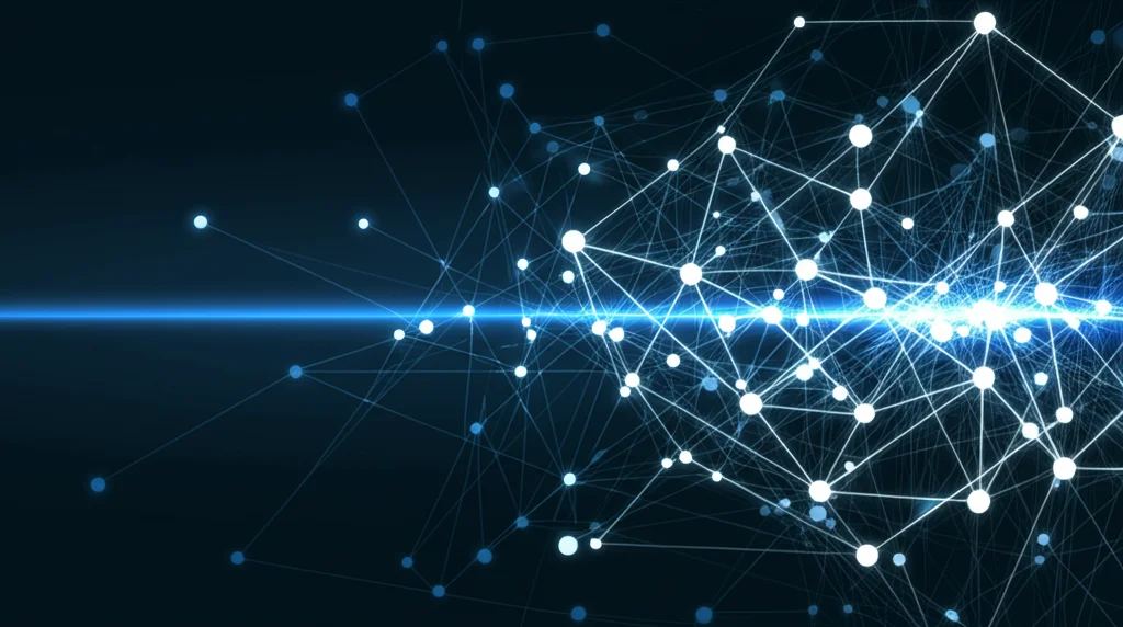 Visualizzazione astratta di una rete complessa con nodi luminosi blu e bianchi interconnessi da linee sottili su uno sfondo digitale scuro, simboleggiante la network analysis applicata alle competenze mediche OSCE, stile high-tech, alta definizione.