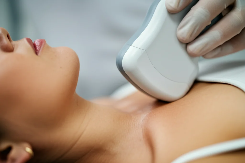 Close-up portrait photography, 35mm lens, che mostra una sonda ecografica delicatamente posizionata sulla linea della mandibola di una persona sopra l'area del muscolo massetere, profondità di campo che sfoca leggermente lo sfondo, illuminazione clinica neutra.