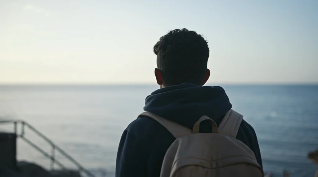 Fotografia realistica grandangolare, 24mm, luce soffusa del tardo pomeriggio. Un giovane migrante, visto di spalle, guarda verso l'orizzonte da una costa italiana. Simboleggia l'arrivo, l'incertezza del futuro e la questione dell'identità/età. Profondità di campo che sfoca leggermente il ragazzo e mette a fuoco il mare/orizzonte.