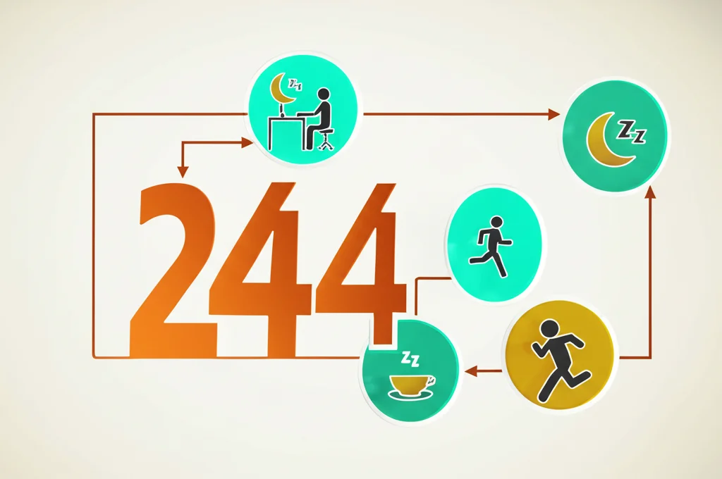 Grafica concettuale fotorealistica che illustra il ciclo delle 24 ore con icone rappresentanti sonno (luna e stelle), lavoro sedentario (persona alla scrivania), pausa caffè in piedi (tazzina), camminata leggera (persona che cammina) e corsa intensa (persona che corre), interconnesse da linee fluide a simboleggiare l'equilibrio quotidiano e l'impatto sull'umore (simboleggiato da un cuore o un'emoticon sorridente al centro). Wide-angle 24mm, sharp focus, colori vivaci ma armoniosi su sfondo neutro.