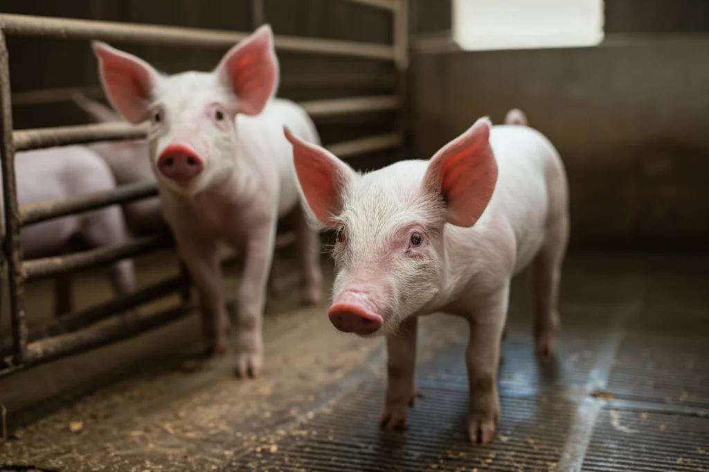 Gruppo di suinetti sani e vivaci in un moderno allevamento pulito, fotografia con obiettivo prime 35mm, profondità di campo ridotta per mettere a fuoco i suinetti in primo piano, illuminazione naturale morbida che entra da una finestra.