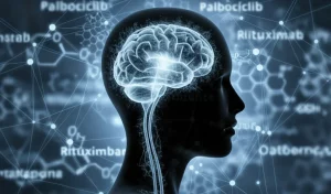 Immagine concettuale fotorealistica che mostra una silhouette di una testa umana con all'interno un cervello stilizzato e percorsi neurali illuminati, sovrapposta a una rete complessa di formule chimiche e nomi di farmaci (Palbociclib, Rituximab). Effetto profondità di campo, toni blu e grigi duotone. Obiettivo prime, 35mm.