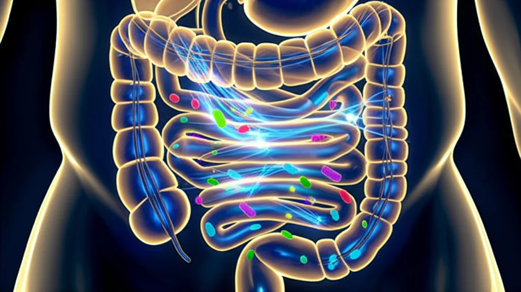 Immagine concettuale fotorealistica dell'asse intestino-cervello: una sezione trasversale stilizzata del cervello umano illuminato connessa all'intestino tramite fibre nervose luminose, con batteri probiotici colorati visibili nell'intestino sottostante. Obiettivo prime 35mm, profondità di campo accentuata, colori blu e oro duotone, a simboleggiare la neuroprotezione e la speranza offerte dai probiotici dopo un trauma cranico.