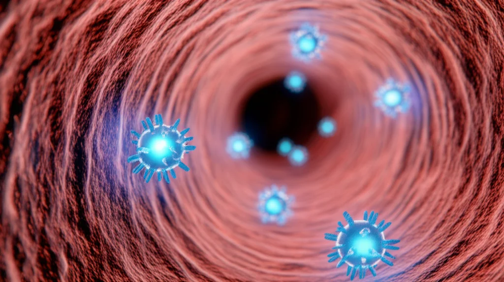 Immagine concettuale medica, stile fotorealistico, obiettivo macro 100mm, che mostra un farmaco immunoterapico (molecole stilizzate luminose) che attraversa la barriera emato-midollare (rete cellulare complessa) per raggiungere e attaccare cellule tumorali metastatiche all'interno del midollo spinale, illuminazione controllata, alta definizione.