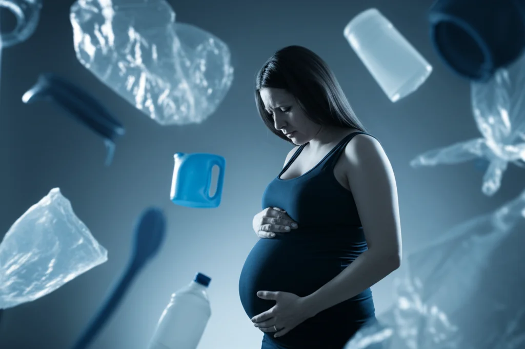 Immagine fotorealistica, obiettivo prime, 35mm, raffigurante una donna incinta preoccupata che si tocca delicatamente il ventre, circondata da immagini sfocate di oggetti di plastica quotidiani, duotone blu e grigio, profondità di campo.