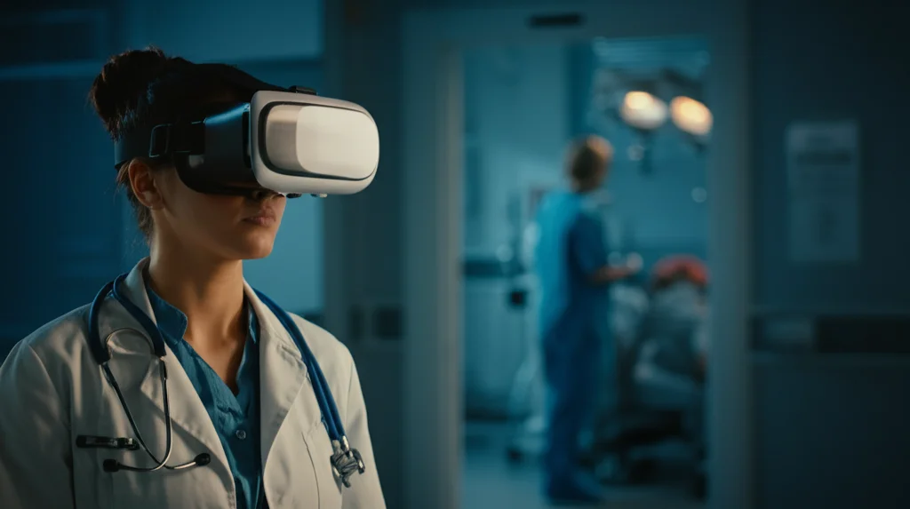 Medico del pronto soccorso, donna, che indossa un visore VR durante una pausa in una stanza tranquilla adiacente al caotico pronto soccorso. Espressione rilassata. Luce soffusa nella stanza della pausa contrasta con l'illuminazione intensa visibile attraverso una porta socchiusa. Obiettivo prime 50mm, profondità di campo per separare il soggetto dallo sfondo.