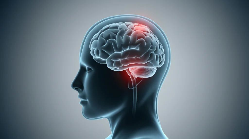 Primo piano di un misuratore di pressione sanguigna digitale che mostra valori di pressione diastolica leggermente elevati, sovrapposto a un'immagine stilizzata ma realistica di un cervello con aree che indicano dolore da emicrania. Prime lens 35mm, depth of field, duotone blu e grigio per un'atmosfera clinica ma intrigante.