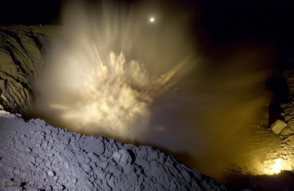 Primo piano drammatico di un'esplosione controllata sotterranea in una miniera di carbone, catturata con un teleobiettivo zoom 150mm, alta velocità dell'otturatore per congelare il movimento della roccia frammentata, polvere sospesa nell'aria illuminata da fari.