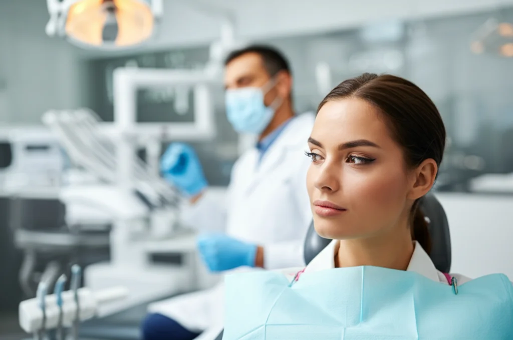 Studentessa di odontoiatria in una clinica universitaria moderna, guarda con espressione dubbiosa e pensierosa verso un supervisore fuori campo mentre tiene uno strumento dentale. Luce naturale laterale che illumina il suo volto, profondità di campo ridotta che sfoca lo sfondo della clinica, obiettivo 50mm, stile fotorealistico, colori naturali.