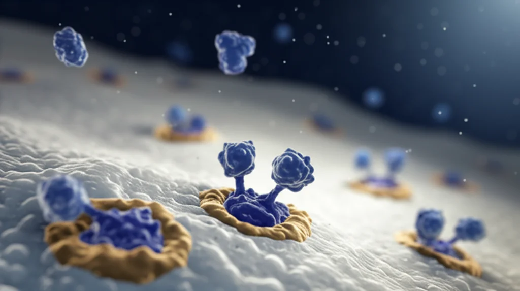 Visualizzazione 3D fotorealistica di cellule staminali mesenchimali umane (sferiche e leggermente allungate) che si differenziano in osteoblasti (più cuboidali e attaccate a una superficie) su una matrice ossea porosa stilizzata. Molecole bluastre rappresentanti il sildenafil fluttuano e interagiscono con i recettori cellulari. Illuminazione drammatica laterale che crea ombre profonde, profondità di campo ridotta che sfoca lo sfondo, colori dominanti blu e tonalità osso/beige.